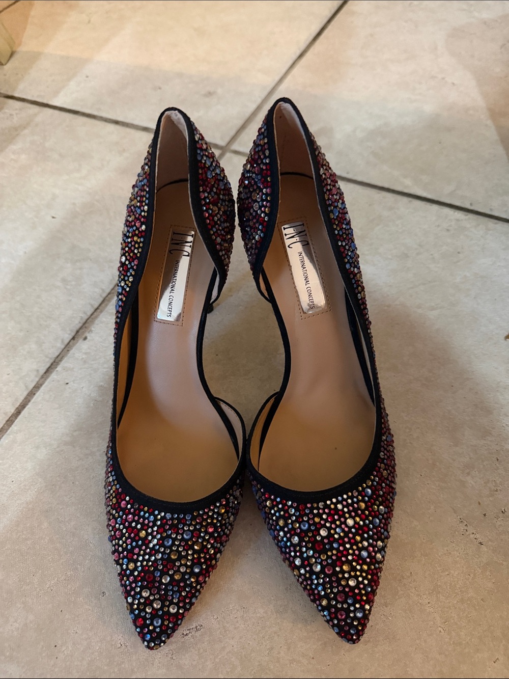 zinc Black Pointed-Toe Heels with Multicolor Crystals